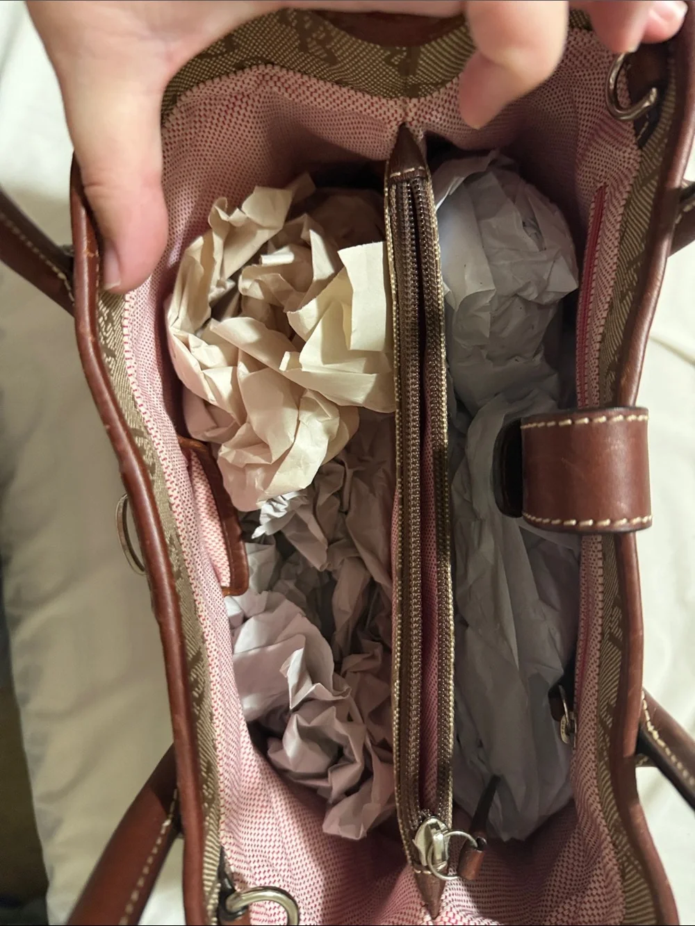 Dooney & Bourke Brown Logo-Print Canvas Tote with Dark Brown Leather Trim